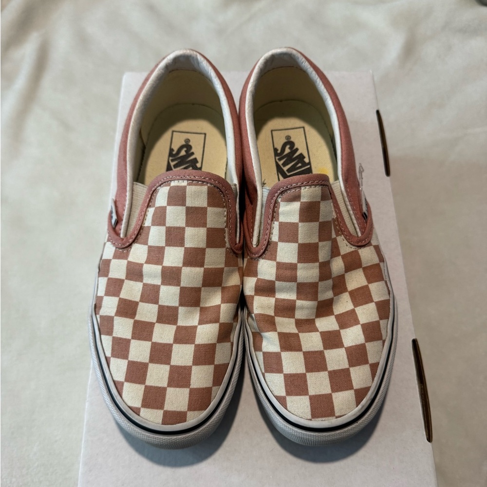 Vans women’s pink and Cream Checker Slip-On Sneakers
